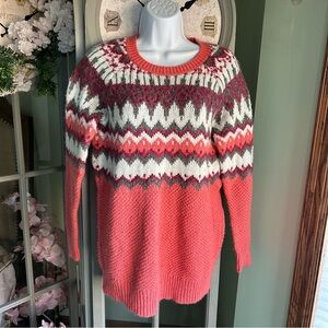 Women’s MOSSIMO Crewneck Pullover Sweater Berry & Coral Fair Isle Size M